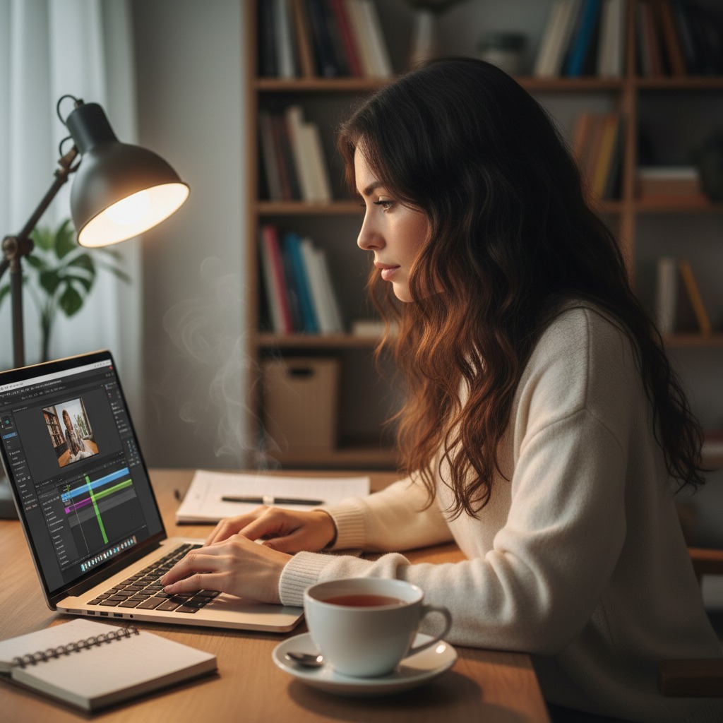 Eine dunkelhaarige Frau arbeitet abends an ihrem Laptop, während daneben eine Tasse Tee und eine Schreibtischlampe stehen.