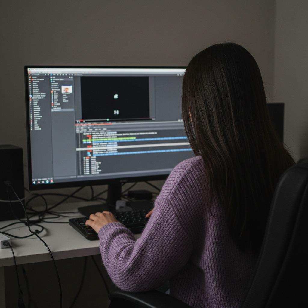 Eine Frau mit langen braunen Haaren sitzt vor einem Monitor und tippt in einem lila Pullover auf einer Tastatur.